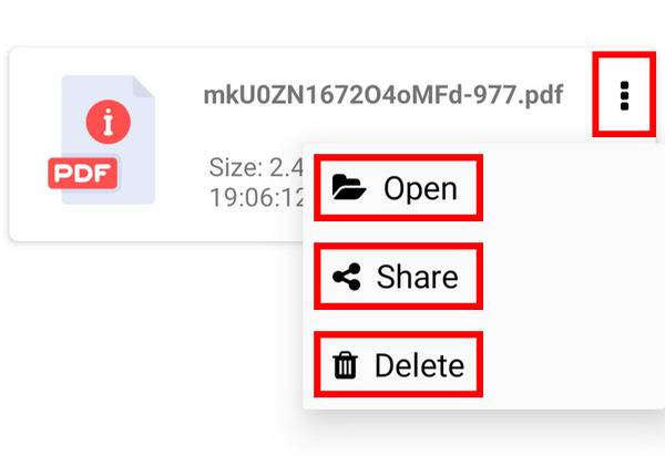 open pdf, share pdf, delete pdf