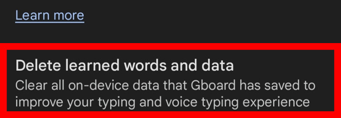 Delete Learned Words and Data, option, clear all on device suggestion