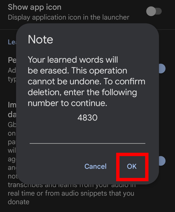 Popup, Note, Your learned words will be erased, confirm deletion
