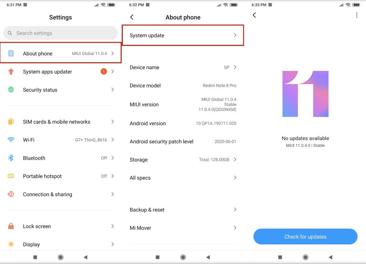 miui setting for update the softwares