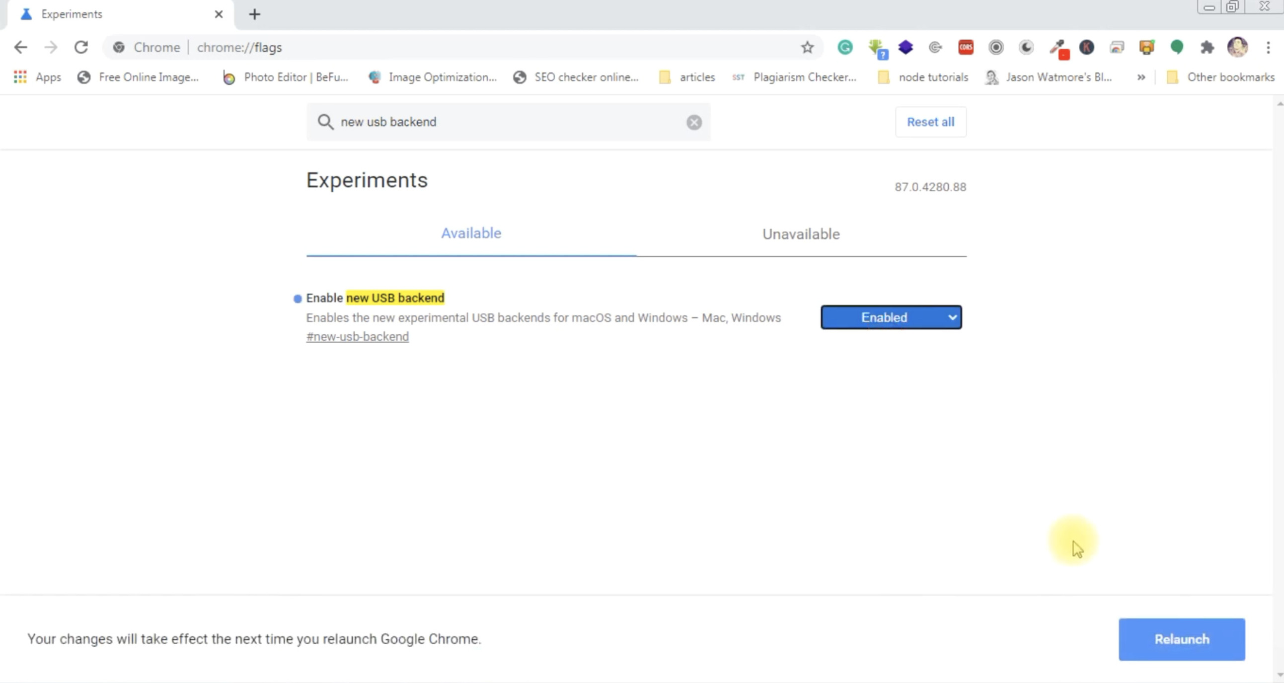 enable usb backend option in chrome