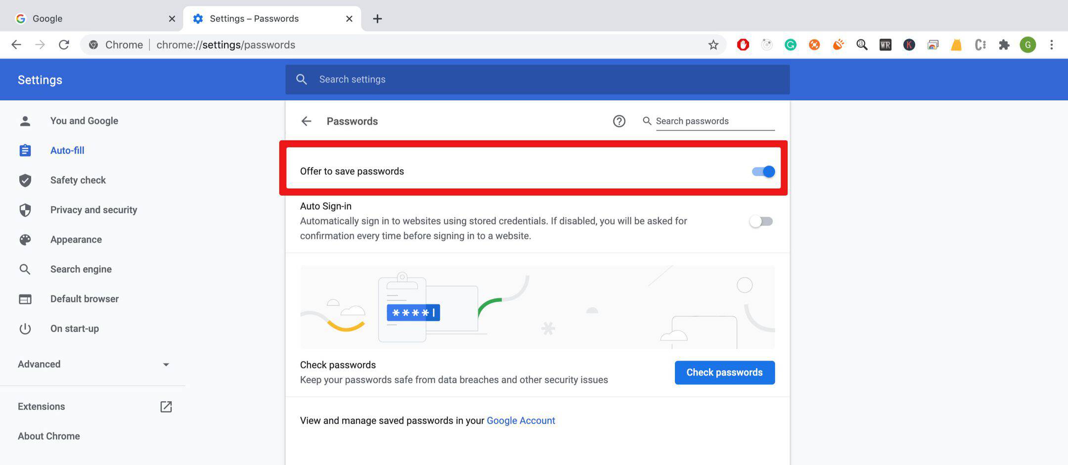 enable save password option in google chrome