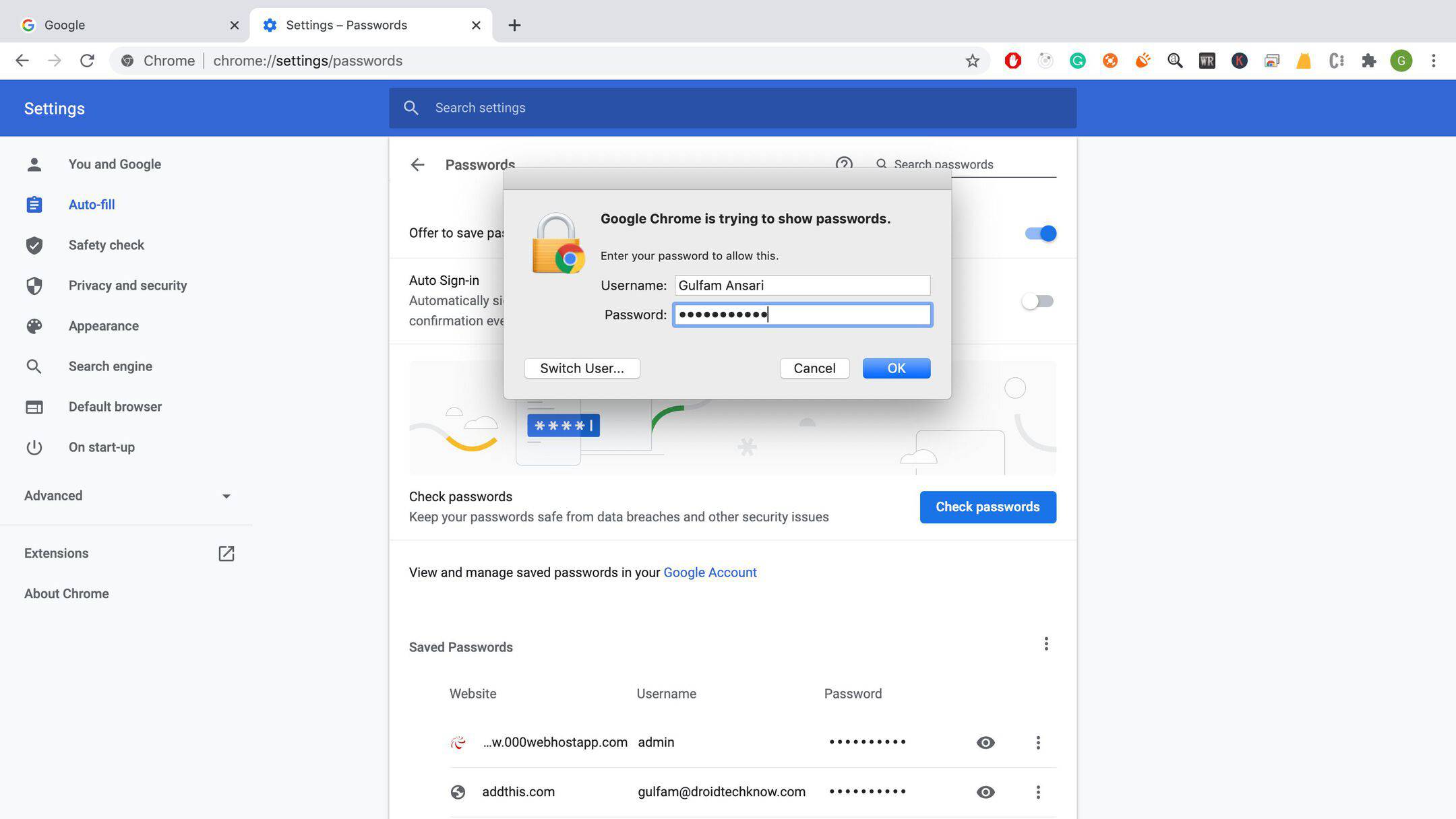 enter password to view passwords in chrome