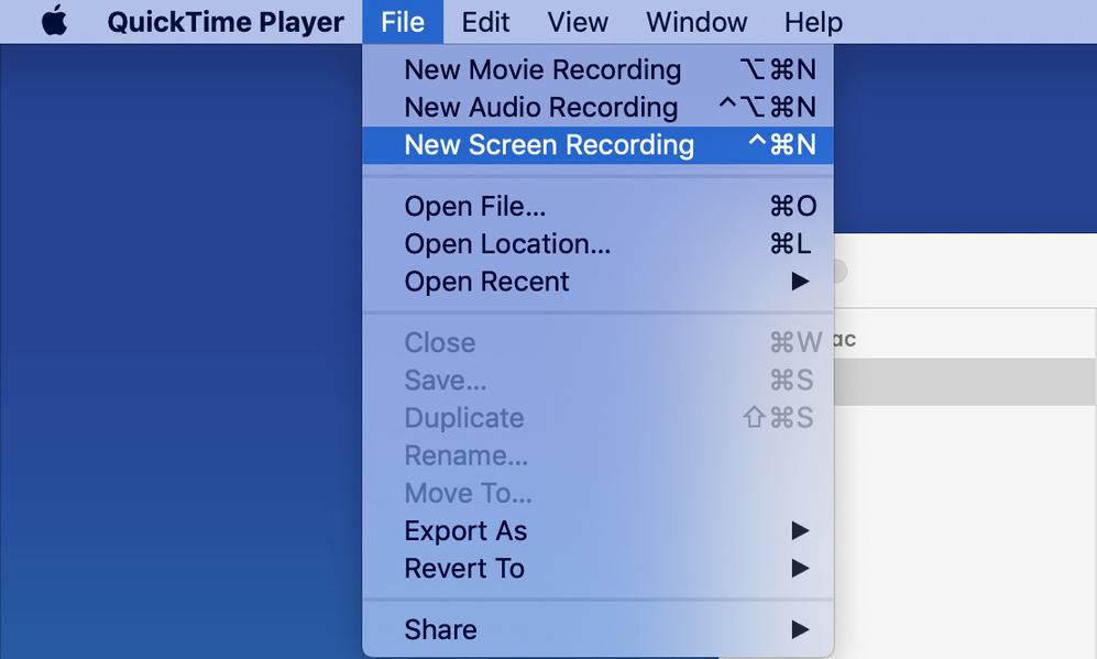 start new recording in quicktime