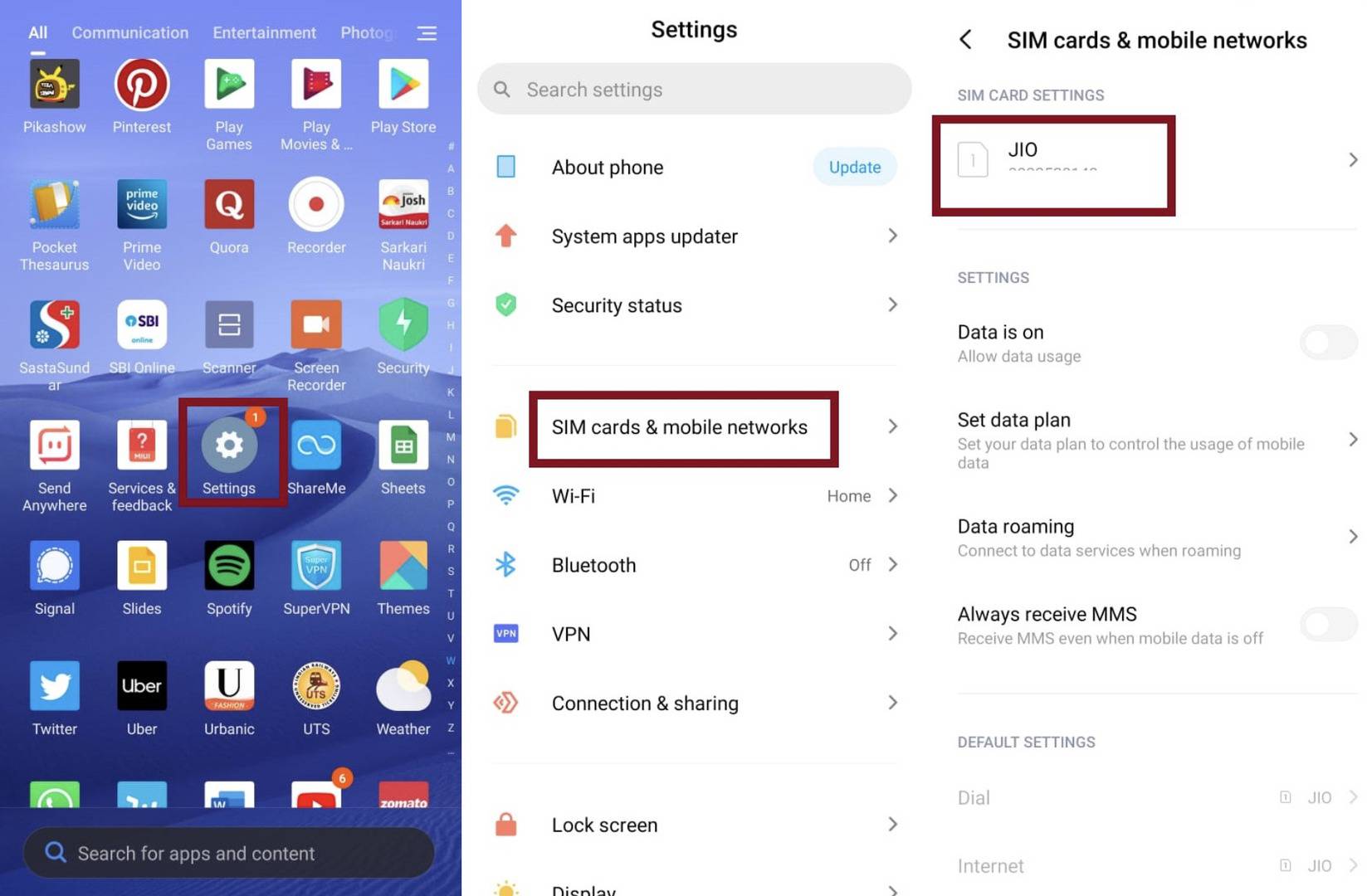 sim settings on android phone