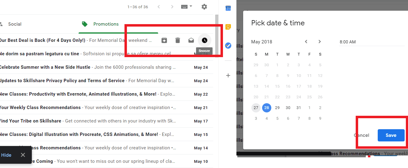 gmail display snooze menu